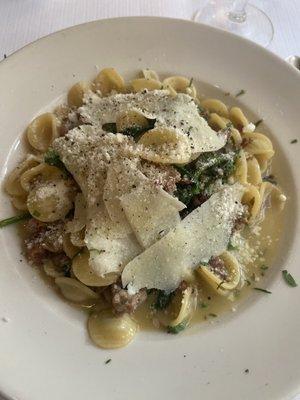 The day's special, orecchiette pasta with broccoli rabe, sausage, and other ingredients. Perfect