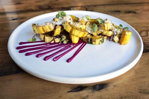 Roasted delicata squash - smoked beet puree, grana padano cheese, pistachio.