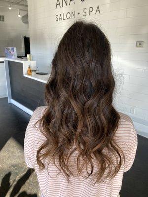 Dry hair cut + stylized with curls. Long layers