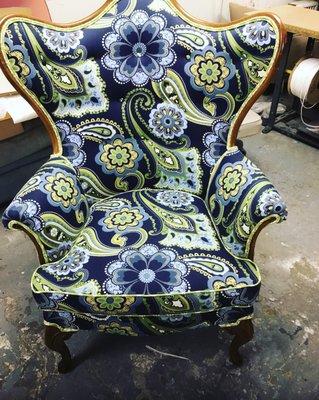 Chair has been repaired and reupholstered with the customers fabric