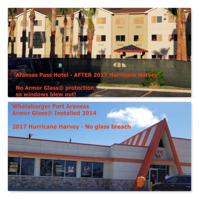 Here is the difference between having regular windows in a hurricane versus those covered with Armor Glass security film.