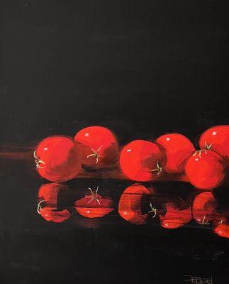 "Tomatoes" 28 x 22 Enjoy the bold red fruit and their reflections!