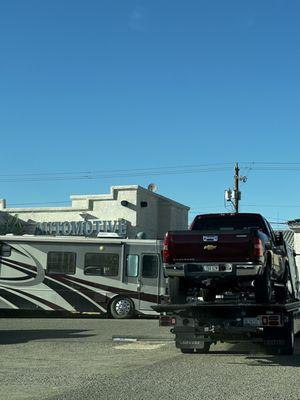 Truck tow to Virgil's to remove gas from diesel fuel tank.