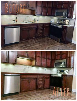 Before and after photos of a kitchen that had lots of buildup on cabinets.