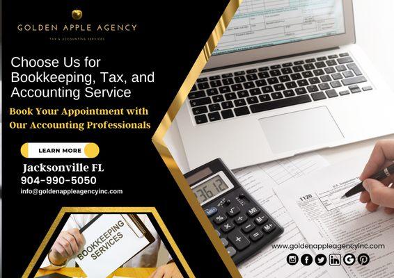 Choose Us for Bookkeeping, Tax, and Accounting Service. Book Your Appointment with Our Accounting Professionals

#goldenappleagencyinc