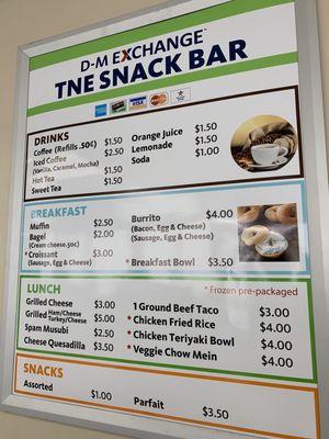 TNE SnackBar menu at the DMAFB Clinic