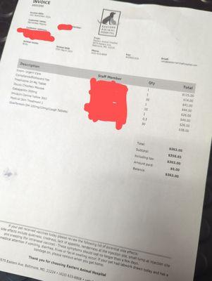 $363 vet bill for an unauthorized bath and upper respiratory infection