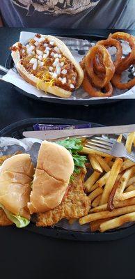 Chili cheese dog and breaded pork tenderloin