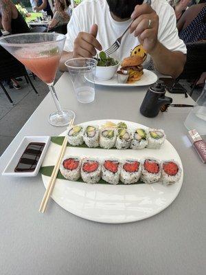 California roll, spicy big eye tuna, Prime sirloin burger & Frose