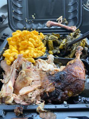 Baked chicken, mac and cheese, collard greens