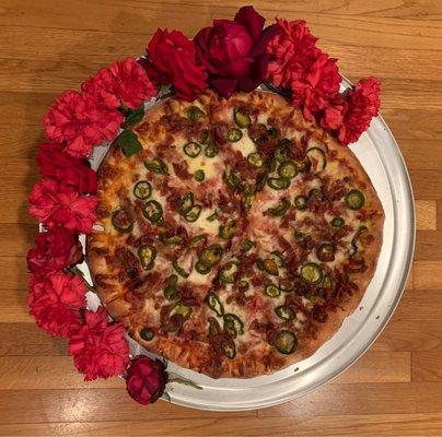 Bacon and jalapeños with a touch of Rose Parade flora.