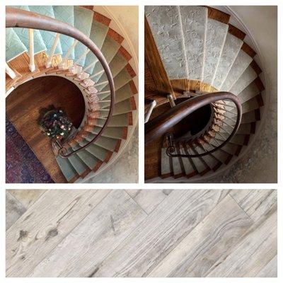 Before and after picture of spiral stair case using pattern carpet - then porcelin tile in entry way