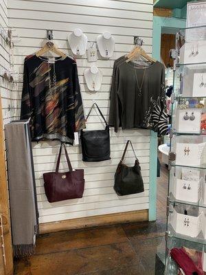 Tops by Jess & Jane and Coline with coordinating vegan leather purses and Jewelry by Rhode Island designer John Michael Richardson.