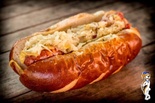 Polish Hound: Kielbasa Jalapeño & Cheese, Brown Mustard & Sauerkraut on a Pretzel Bun