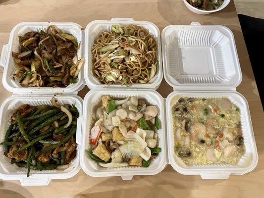 Mongolian beef, chow mein, chicken and green beans, seafood combination, shrimp in lobster sauce