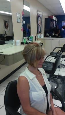 A line bob with red and blonde foils.