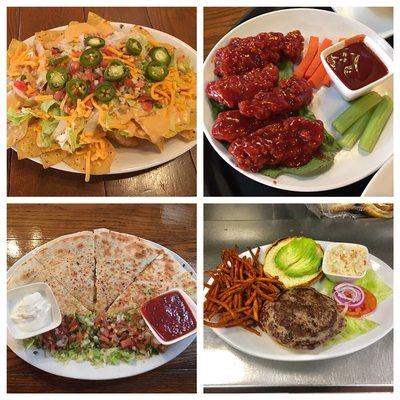 House Nachos, BBQ Tenders, Chicken Quesadilla, Turkey Burger