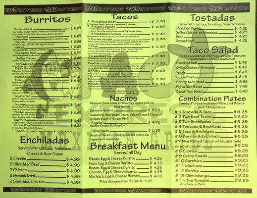 Updated menu as of 2018