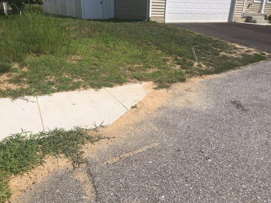 Incomplete sidewalks sinking into the pavement surrounded by weeds