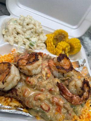 Grilled Catfish w/ettoffee sauce, Corn on the Cob and Mac Salad!!