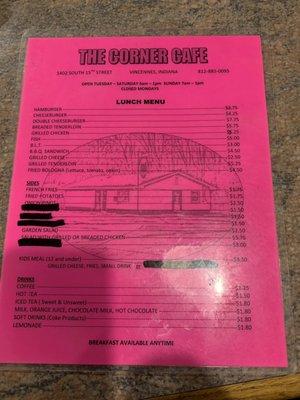 GlennO's menu. They are open seven days a week.