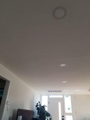 Recessed lighting Ofer put in. The camera lens makes the closest photo look incorrectly spaced, but is actually measured/spaced correctly!