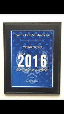 Century Debt Solutions, Inc. earns the 2016 Consumer Services Award from The Woodland Hills Awards Program.