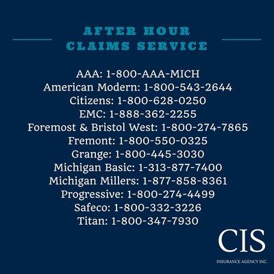 If you need to file a claim when the office is closed. Please feel free to call the company directly!