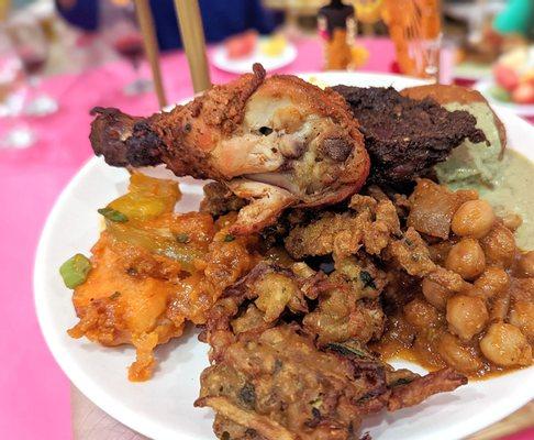 Pakora veggies and fish, chickpeas, chicken, and lamb.