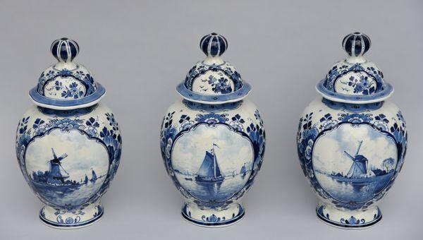 Three Antique Hand Painted Blue & White Porceleyne Fles Delft Lidded Jars