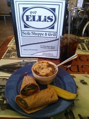 Beef-n-Cheddar Wrap combo with French Onion Soup. Vanilla Coke.