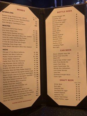 Wine & Beer menu