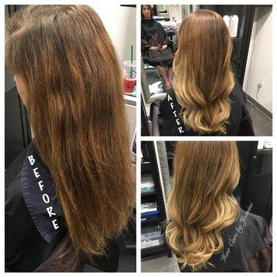 Subtle Ombré...lightening around the face and ends for a more Natural look. And a few inches off...deep conditioning and Shades EQ Toner