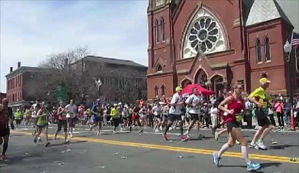 The Boston Marathon running through Natick Center.