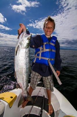 The salmon run right in front of our dock during the summer. We teach kids how to fish & follow Washington State Fishing Laws.