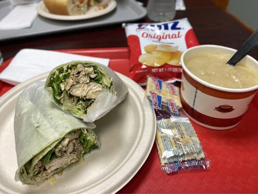 Grilled Chicken Caesar Wrap with Cream of Crab Soup and Utz Chips