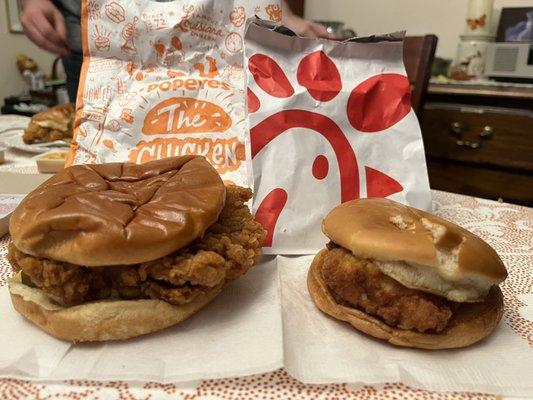 Popeyes chicken sandwich on the left and chill-Fil-a on the right. Popeyes was sooo good!