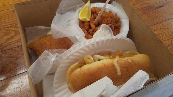 Sausage roll knish and clam strips