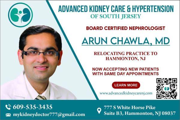 Announcing Dr Arun Chawla's new Nephrology practice