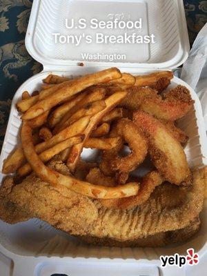 Seafood platter and seasoned fries