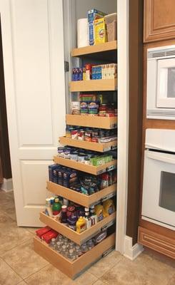 Increase your storage space in your pantry.  Replaced five wire shelves with eight pull out shelves.