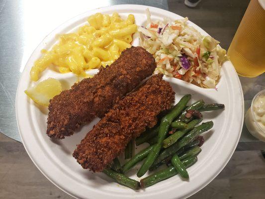 Fish fry, cod, green beans, mac and cheese, cole slaw