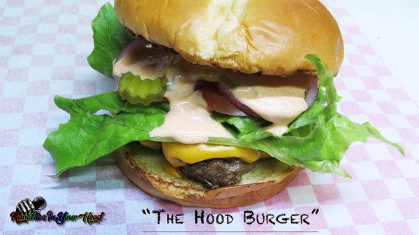 Hood Burger topped with American Cheese