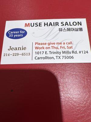 Jeanie has moved to this new location and she works Thursday, Friday and Saturday. 10-6pm. Still great haircut!