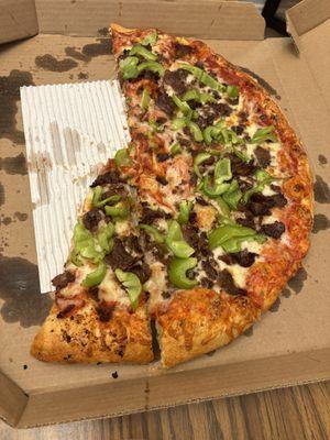 BYO pizza. XL Steak with green peppers with garlic crust