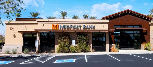 Exterior of MidFirst banking center location at Gilbert and Chandler in Chandler, Arizona.