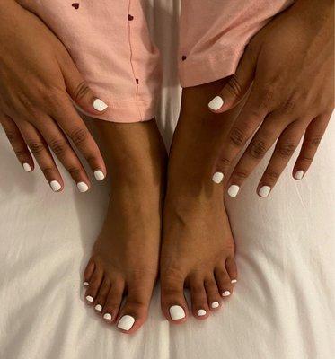 Regular mani-pedi with white nail polish