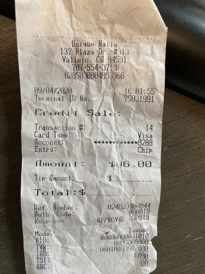 Receipt from first time service $86