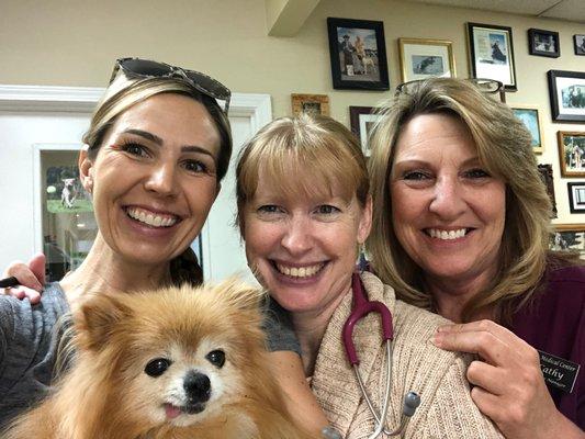 Dr. Amanda, Dr. Sharon Klintworth, Cathy and lil Petunia the Pom!