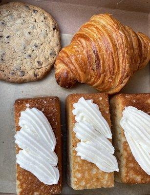 Tres leches cake, croissant and chocolate chip cookie